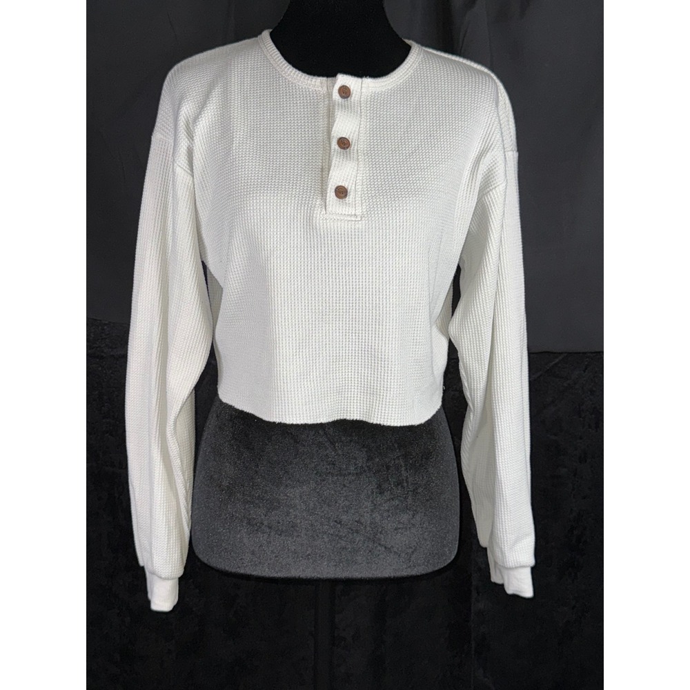 Princess Polly White Waffle Knit Henley Cropped Long Sleeve Top Womens US 2